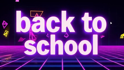The words Back to School are in neon white with a pink outline on a dark background with a pink and blue 80s grid pattern - Powered by Adobe