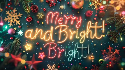 "Merry and Bright" neon sign surrounded by festive Christmas ornaments and snowflakes on a dark blue background.