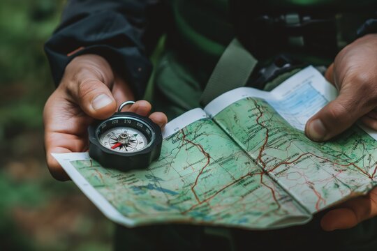 Photo of a hiker's hand holding a topographic map and using the compass to plan their route. Hiking and outdoor adventure concept. 
