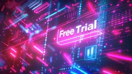 Neon "Free Trial" sign in a futuristic digital landscape with glowing lines and particles.
