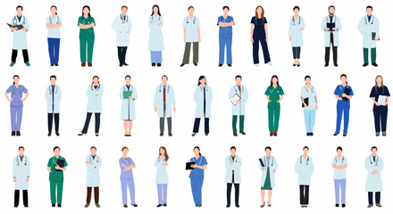 Medical staff . Doctors, nurses, paramedics. Different male and female medic workers in uniform with stethoscopes. 