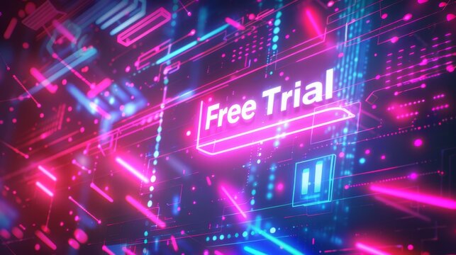 Neon "Free Trial" sign in a futuristic digital landscape with glowing lines and particles.
