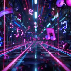 Neon music notes fly through a glowing digital tunnel.