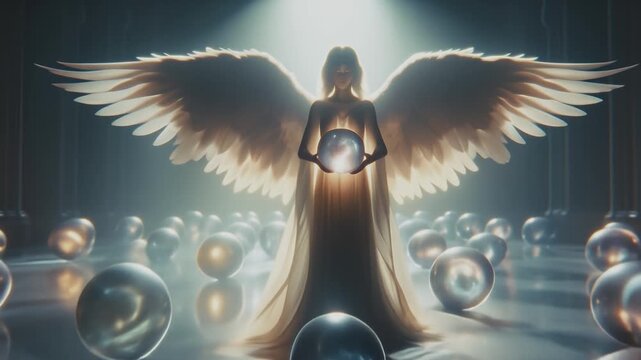 Archangel creating universes. Backlit angel holding a galaxy standing in a long corridor with columns and arches surrounded by planets, stars and galaxies in glass orbs. Genesis, creation of universe.