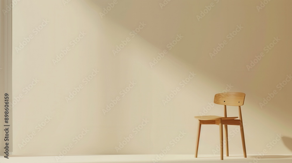 Poster a wooden chair sits alone in a room with a white wall and a beam of sunlight streaming through a win