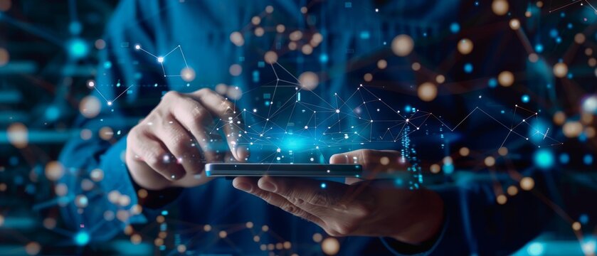 Person using a digital tablet with glowing data.