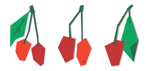 Set of cherries with a leaf made of colored paper. Vector illustration. Applique. Tasty and healthy. Naive children's creativity