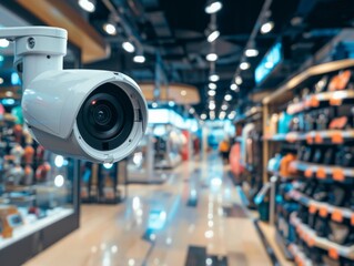 Security camera overlooking a retail store with blurred merchandise.