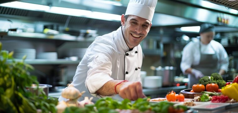 Smiling chef preparing food in a commercial kitchen.