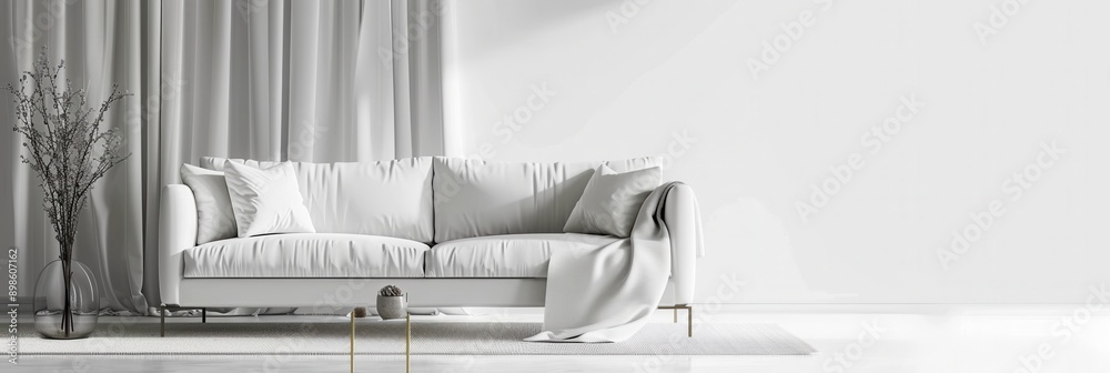 Poster a white sofa with pillows and a throw blanket is in a minimalist living room with sheer curtains. ge