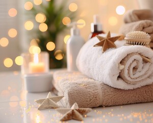 Spa essentials with candles and star-shaped decorations. Relaxing and luxurious setting for wellness.