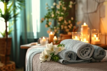 Spa treatment setup with candles, towels and flowers on a massage table.