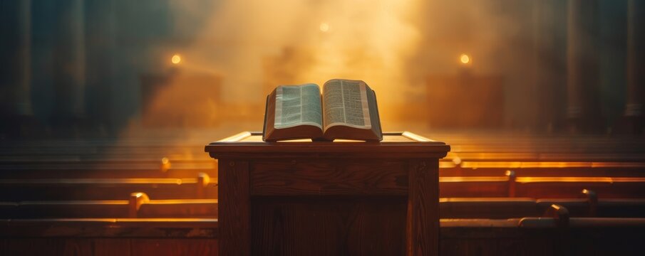 Open bible on a church pulpit with sunlight streaming through the windows