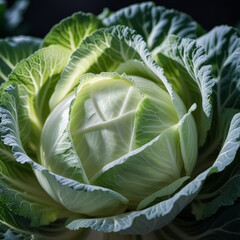 Fototapeta premium A detailed close-up of a fresh white green cabbage shows the intricate patterns of its leaves, veined textures, and the subtle shades of green that darken towards the outer layers. Natural beauty.