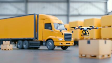 A drone flies over a logistics warehouse with a yellow truck and stacked boxes, showcasing modern delivery technology.