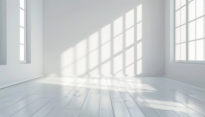 Fototapeta premium Sunlight streams through large windows in an empty white room with wood floors.