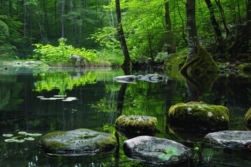 Fototapeta premium Tranquil forest pond with mossy rocks and lily pads, reflecting lush greenery.