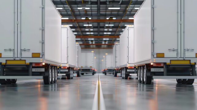 A spacious warehouse interior with rows of transport trucks lined up, ready for loading and unloading operations.