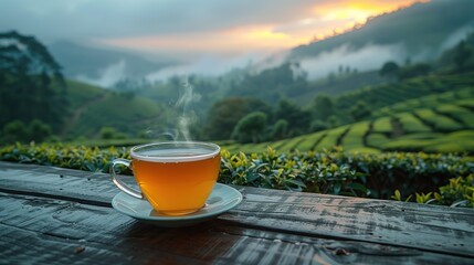 Cup of hot tea and leaf on the wooden table with the tea plantations background