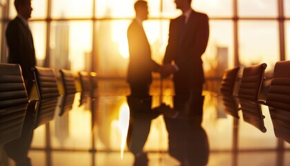 Two businessmen shaking hands in a conference room with a city skyline in the background.