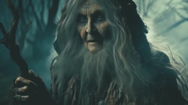 A very old witch holding a wooden staff standing in a foggy forest at night. Fantasy, Halloween theme filmic footage. Mystery, enchantment. Cinematic video. Blue color grading. High quality 4k footage