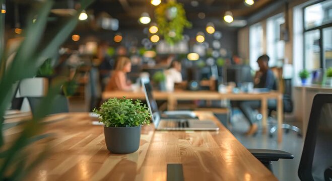 A plant sits on a table in a busy office. The table is surrounded by chairs and a laptop is open on it. Concept of productivity and focus, as people work on their tasks in the office