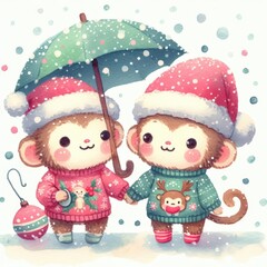 Two adorable monkeys in Christmas sweaters holding hands under an umbrella in the snow.