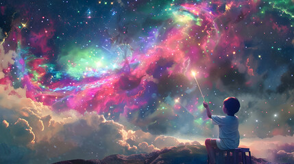 A child on a stool pointing a glowing wand at a colorful nebula that swirls above  The nebula is alive with hues of pink purple green and blue set against a dark starry sky