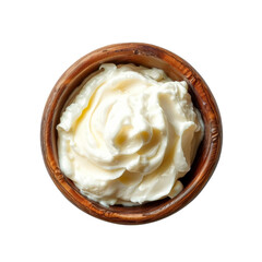 Sour cream in a wooden bowl. PNG element isolated on transparent background.