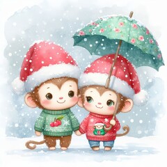 Two adorable monkeys in Santa hats and sweaters hold hands under an umbrella in the snow.