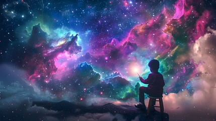 A child sitting on a stool holding a glowing wand and reaching towards a beautiful colorful nebula  The nebula is full of vibrant colors like pink purple green and blue