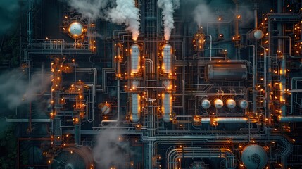 Aerial Perspective of Steel Pipelines and Refinery Units in a Petrochemical Plant Showing Intricate Layout