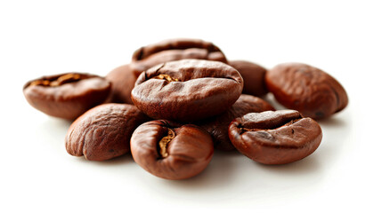 Naklejka premium A detailed and hyper-realistic close-up shot of coffee beans, showcasing their texture and color. Isolated on white background.