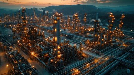 Illuminated Petrochemical Plant at Night - Industrial Machinery and Pipelines under Artificial Lighting