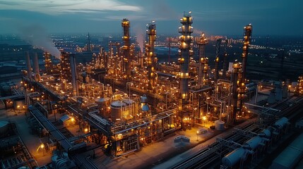 Fototapeta premium Illuminated Petrochemical Plant at Night: Aerial View of Pipelines and Machinery