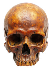 Obraz premium Closeup view of an ancient skull exhibiting rich textures and details. The skull showcases its weathered and aged appearance. Isolated on transparent background, png.