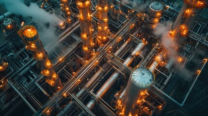 Aerial View of Industrial Operations in Petrochemical Plant with Complex Machinery and Pipelines