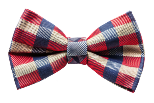A colorful plaid bow tie featuring a red pattern, perfect for formal and casual occasions. The bow tie adds a touch of vibrant style to any outfit. Isolated on transparent background, png. - Powered by Adobe