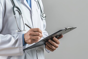A doctor holding medical records and writing on a clipboard, in a close-up of a hand with a stethoscope over a white background he concept symbolizes medicine, healthcare or training Generative AI