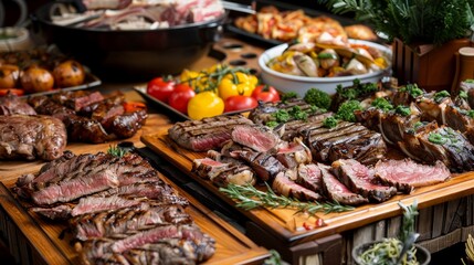 Obraz premium A rustic kitchen scene with cast iron pans and raw steaks, ready for grilling over an open flame