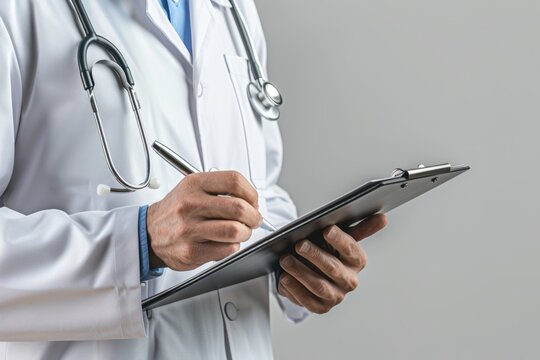 A doctor holding medical records and writing on a clipboard, in a close-up of a hand with a stethoscope over a white background he concept symbolizes medicine, healthcare or training Generative AI