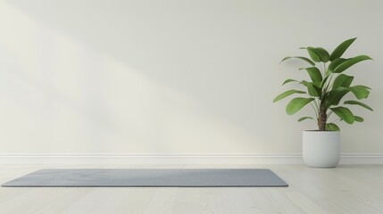 Fototapeta premium A cozy living room with a person practicing gentle stretching exercises on a yoga mat, with copy space, high-resolution photo, realistic photo, hyper realistic