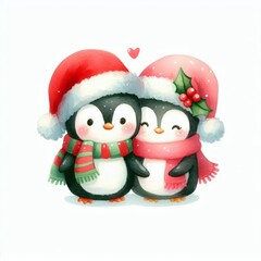Two adorable penguins in Santa hats and scarves, a perfect Christmas card image.