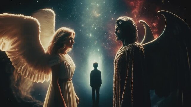 Christian angel standing against Devil, guardian angel protecting human soul with galaxy bacground.Good against evil, faith, opposing powers, life choices concept. Right and wrong choice. Decisio