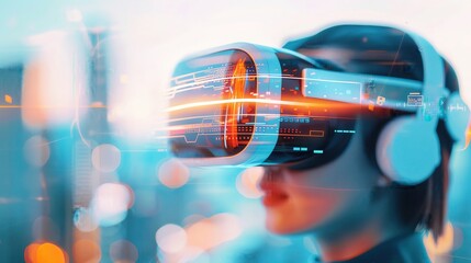 Person immersed in virtual reality using VR headset and headphones, showcasing advanced technology and futuristic experience.