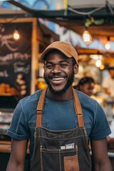 Fototapeta premium happy man street food stall seller at evening market, smiling People at work happy smiling friendly atmosphere, urban culture beautiful life, diversity and unity 
