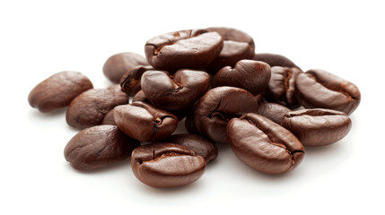 A detailed and hyper-realistic close-up shot of coffee beans, showcasing their texture and color. Isolated on white background.