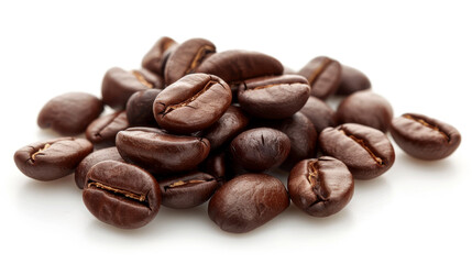 Naklejka premium A detailed and hyper-realistic close-up shot of coffee beans, showcasing their texture and color. Isolated on white background.