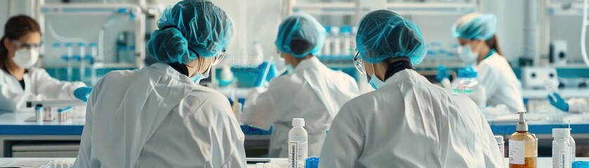 Scientists in protective gear working diligently in a modern laboratory, conducting experiments and research. Medical and scientific environment.