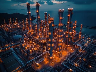Fototapeta premium Illuminated Petrochemical Plant at Night: Aerial View of Industrial Facility with Glowing Pipelines and Machinery